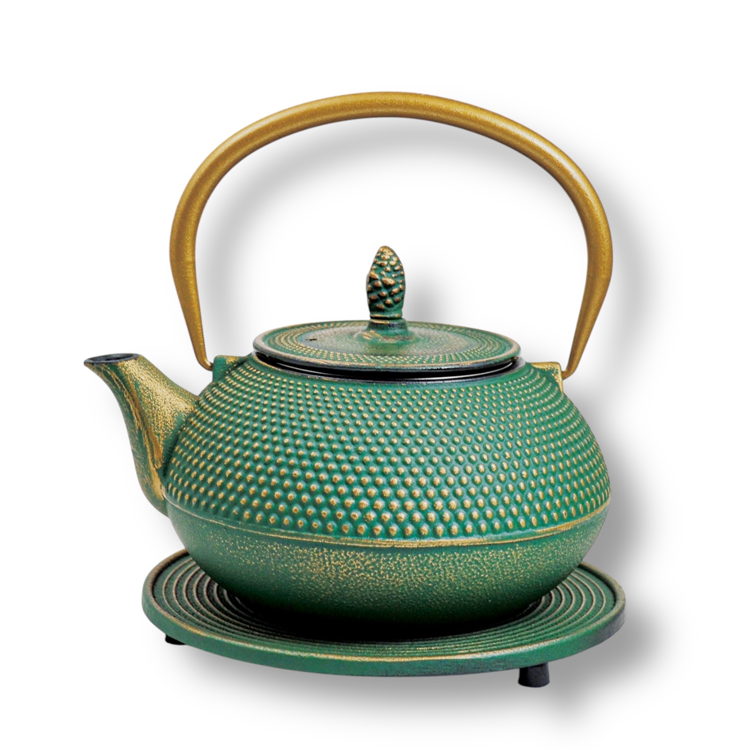 ROYAL öntöttvas teáskanna (1,2l), alátéttel, zöld-arany színben
